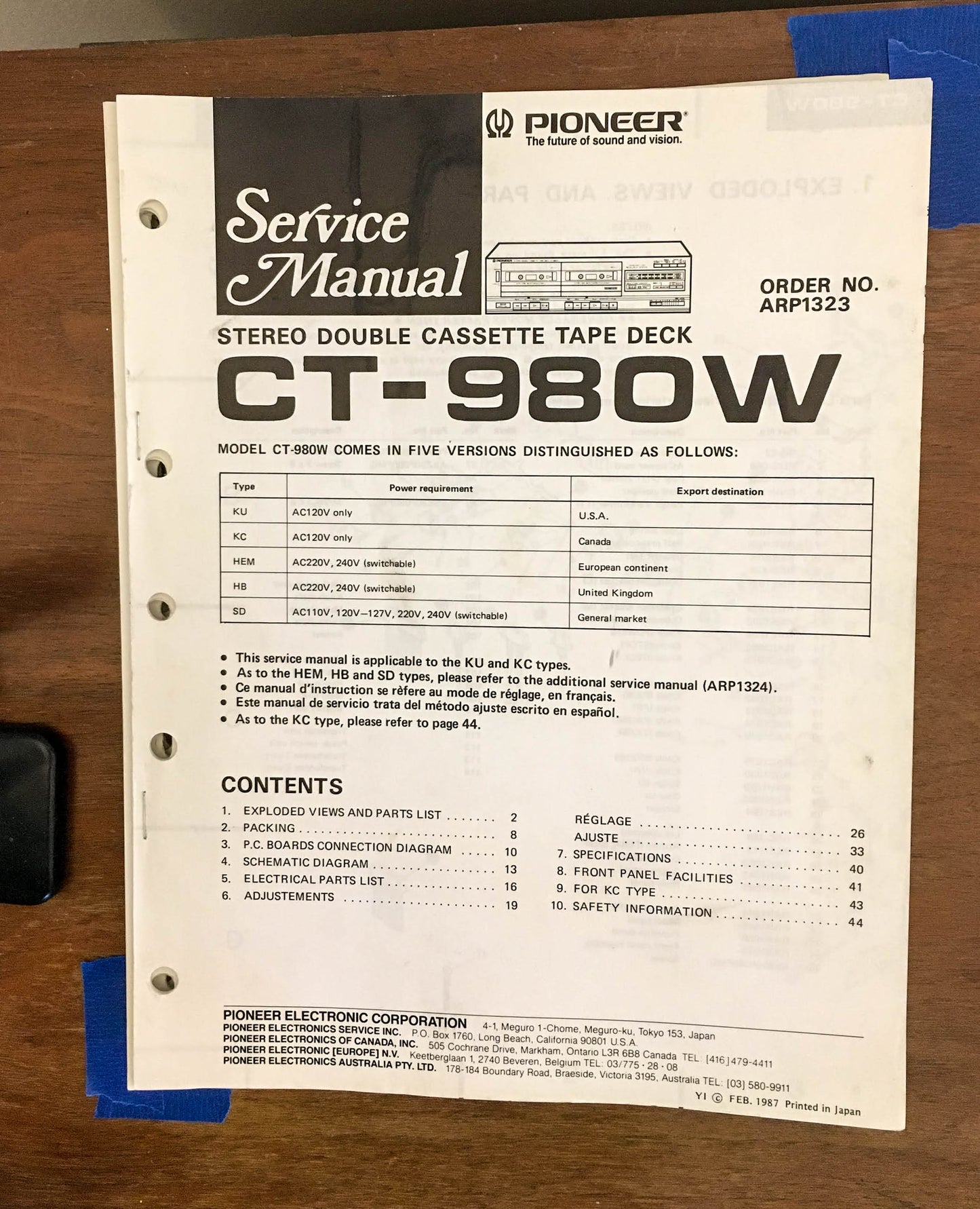 Pioneer CT-980W Cassette  Service Manual *Original*