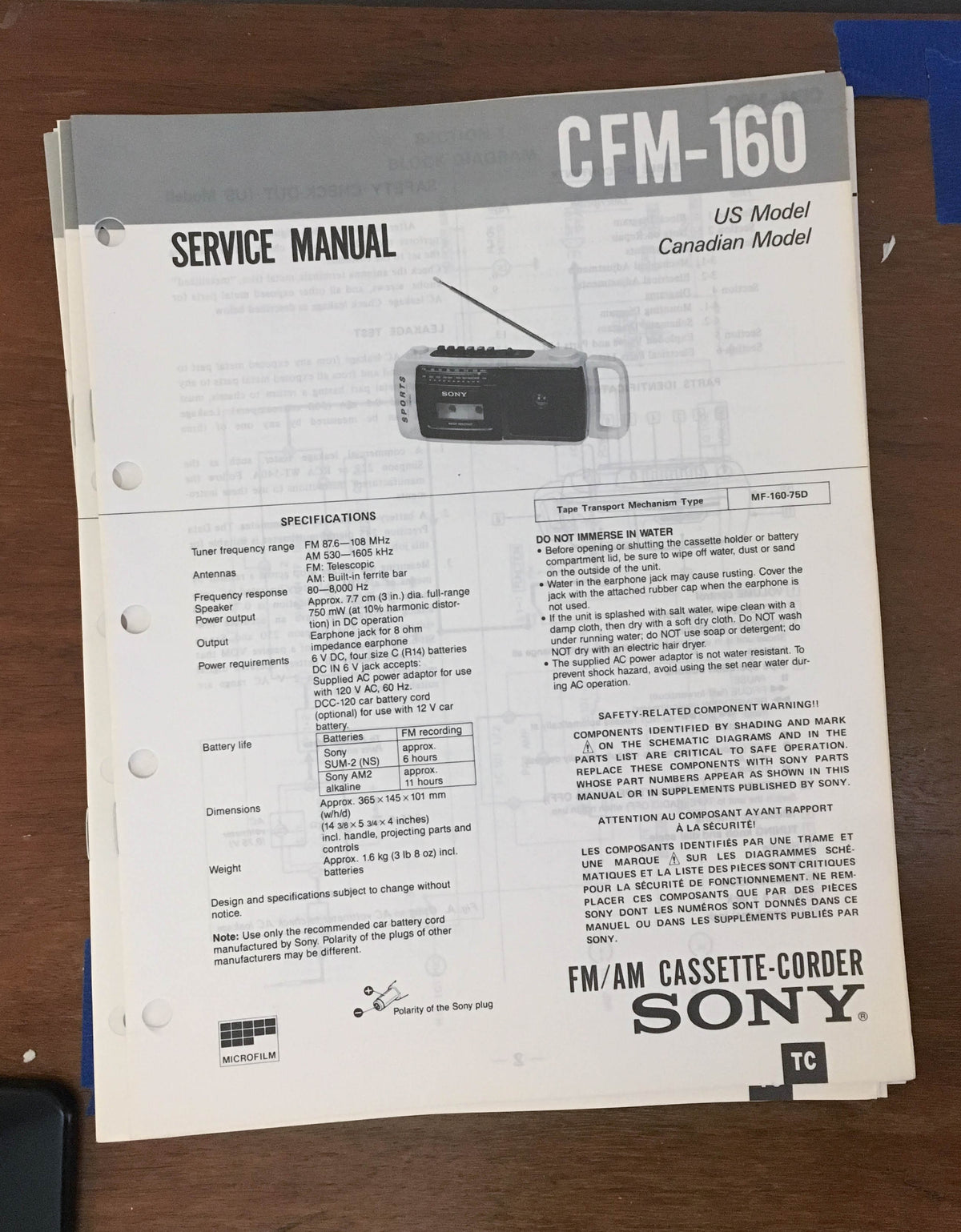 Sony CFM-160 Radio Cassette Recorder Service Manual *Original*