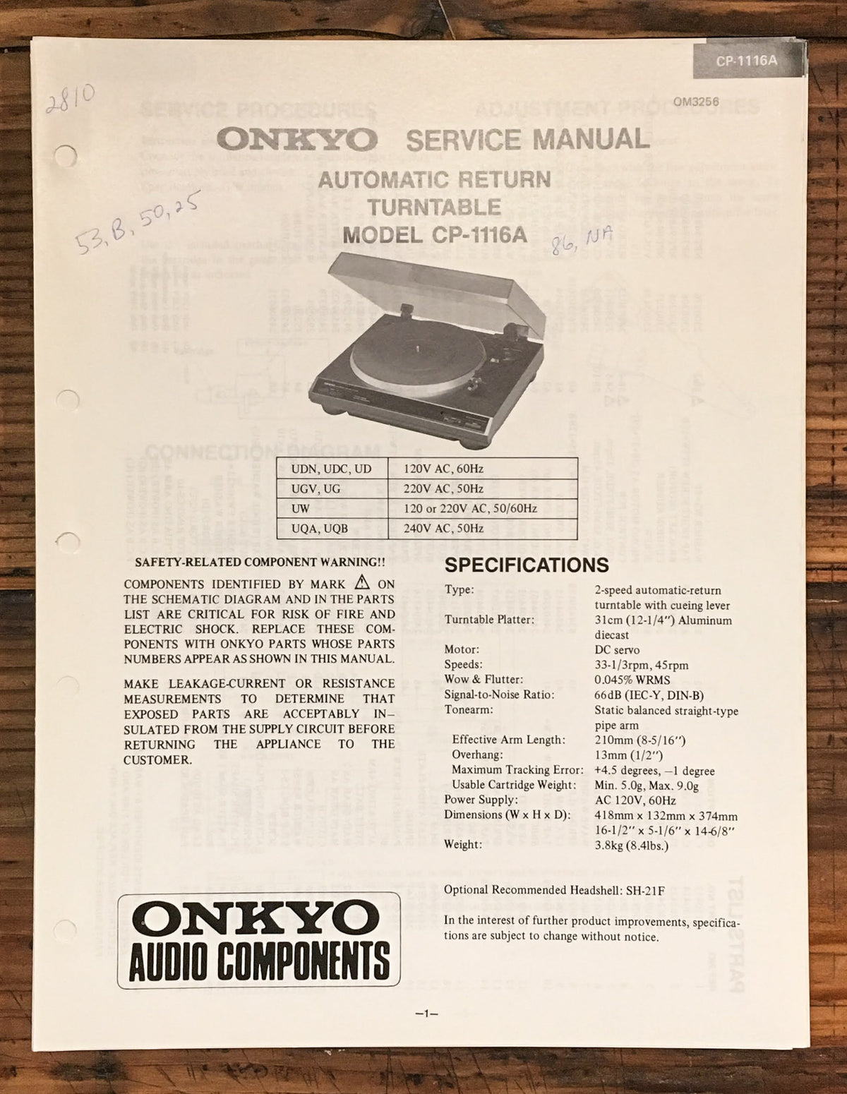 Onkyo CP-1116A Record Player / Turntable  Service Manual *Original*