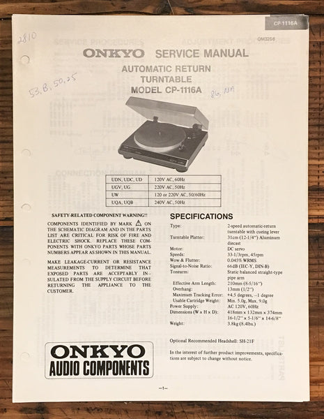 Onkyo CP-1116A Record Player / Turntable  Service Manual *Original*