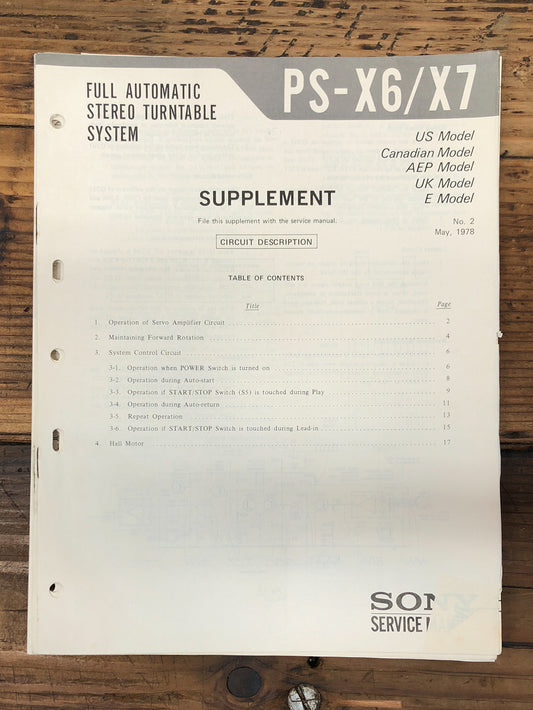 Sony PS-X6 PS-X7 Record Player / Turntable Supp. Service Manual *Original*