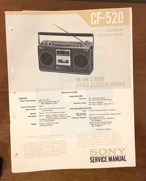 Sony CF-520 RADIO CASSETTE  Service Manual *Original*