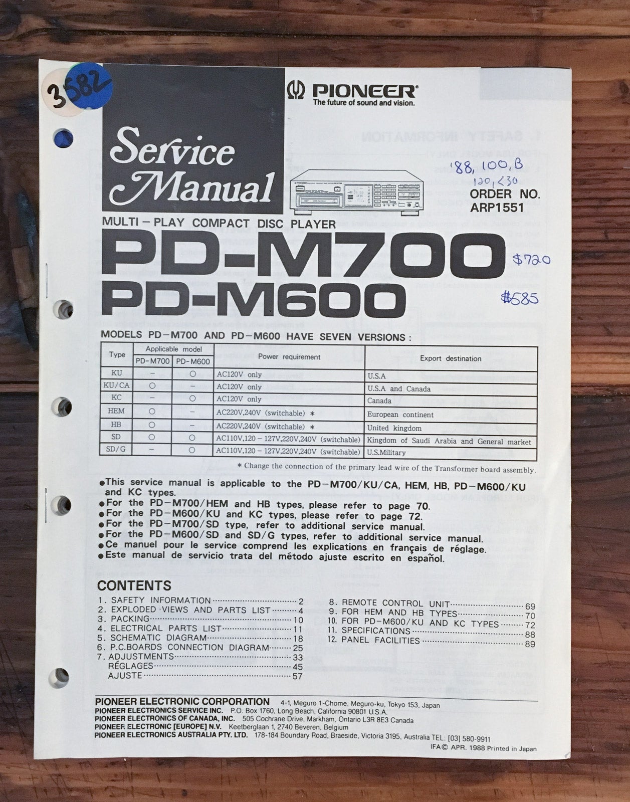 Pioneer PD-M600 PD-M700 CD Player 4 Service Manual *Original