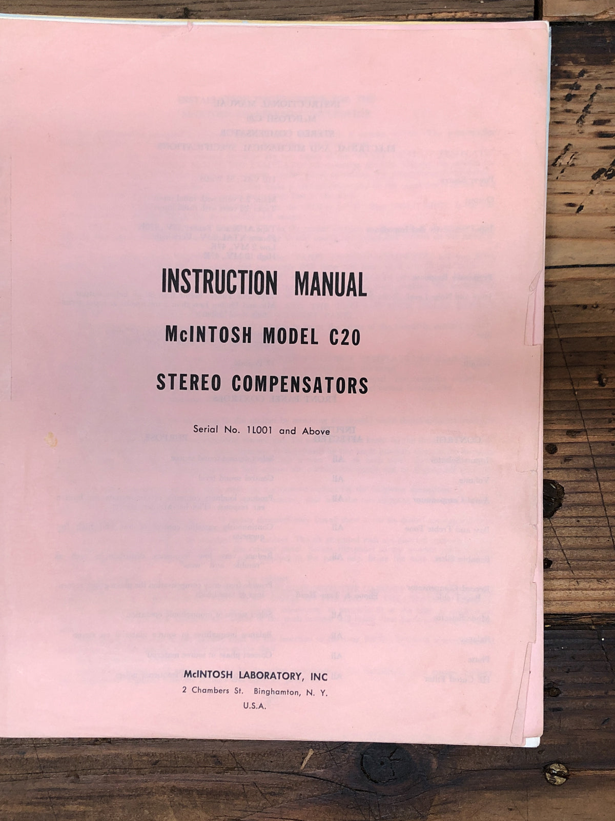 Mcintosh C20 C-20 Preamp / Preamplifier  Owner / User Manual *Original*