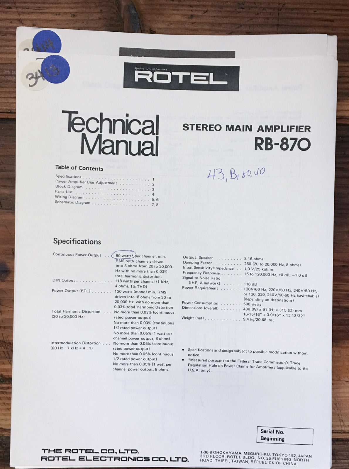 Rotel RA-870 Amplifier  Service Manual *Original* #2