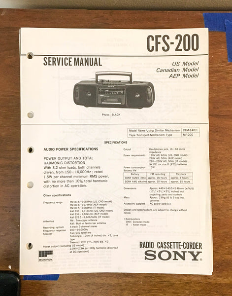 Sony CFS-200 Stereo Cassette Recorder Service Manual *Original*