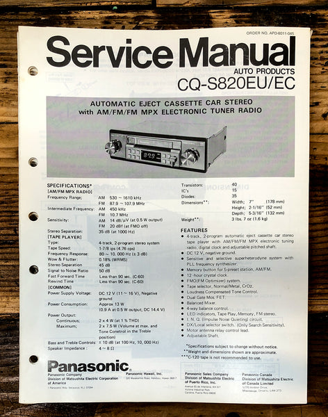 Panasonic CR-S820EU EC Car Stereo  Service Manual *Original*
