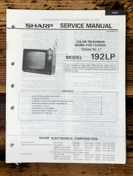Sharp 192LP TV / Television Service Manual *Original*