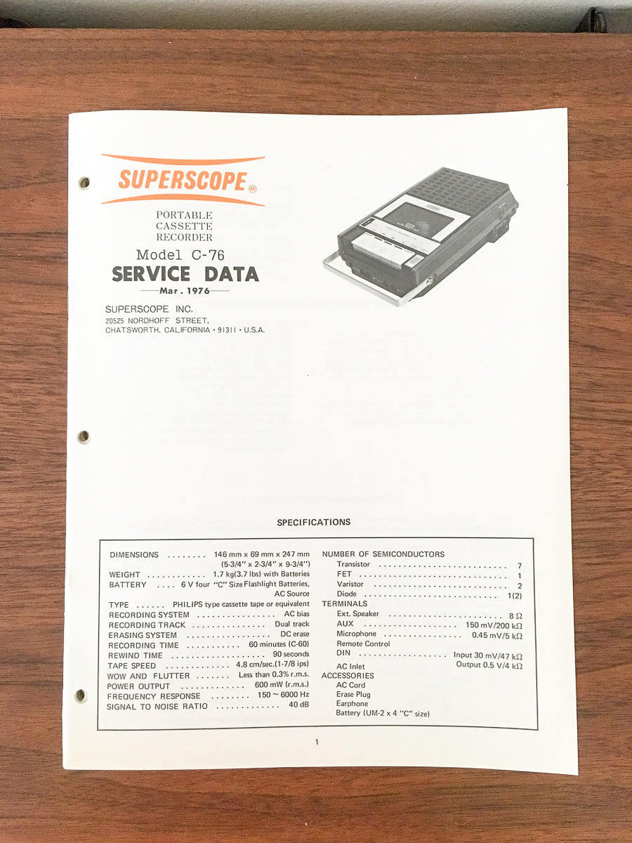 Superscope / Marantz C-76 Cassette Service Manual *Original*