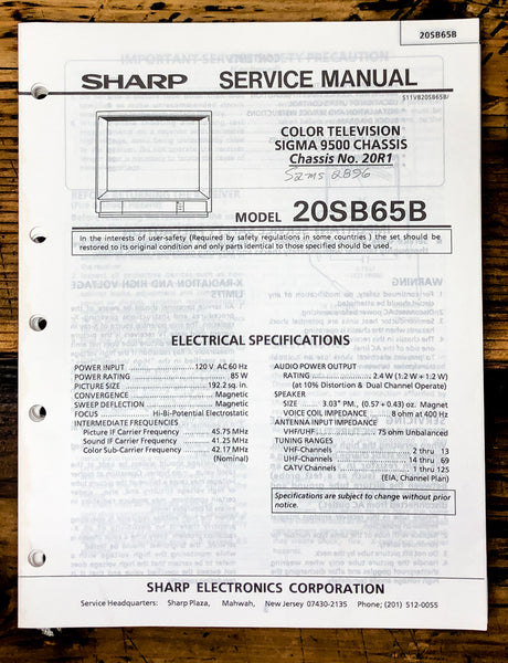 Sharp 20SB65B TV / Television Service Manual *Original*