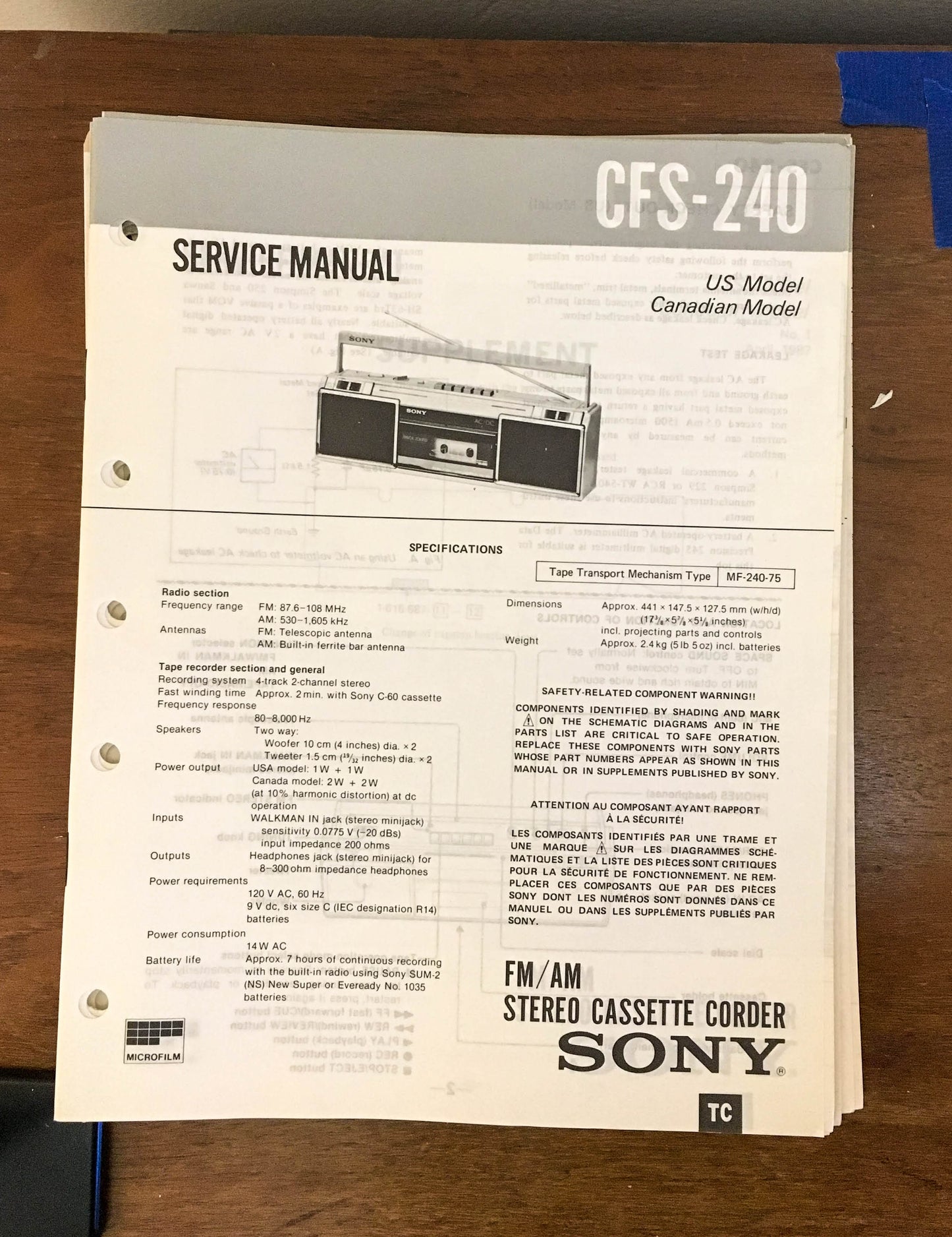 Sony CFS-240 Radio Cassette Recorder / Boombox Service Manual *Original*