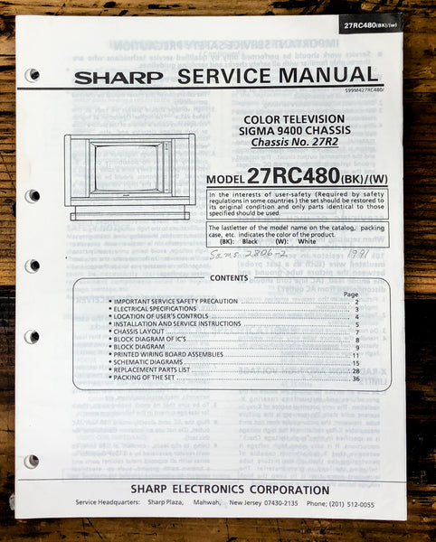 Sharp 27RC480 TV / Television Service Manual *Original*