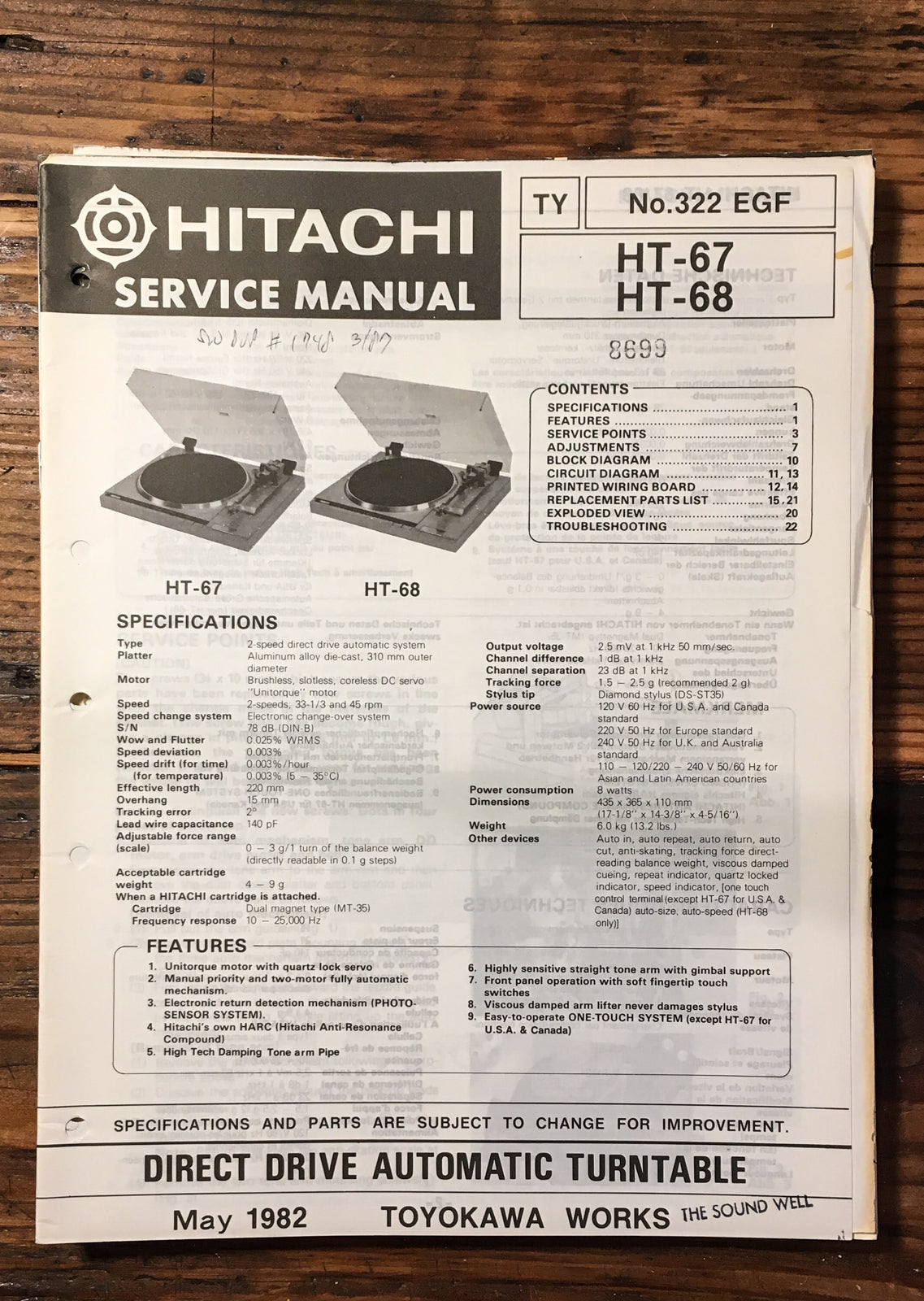 Hitachi HT-67 HT-68 Record Player / Turntable  Service Manual *Original*