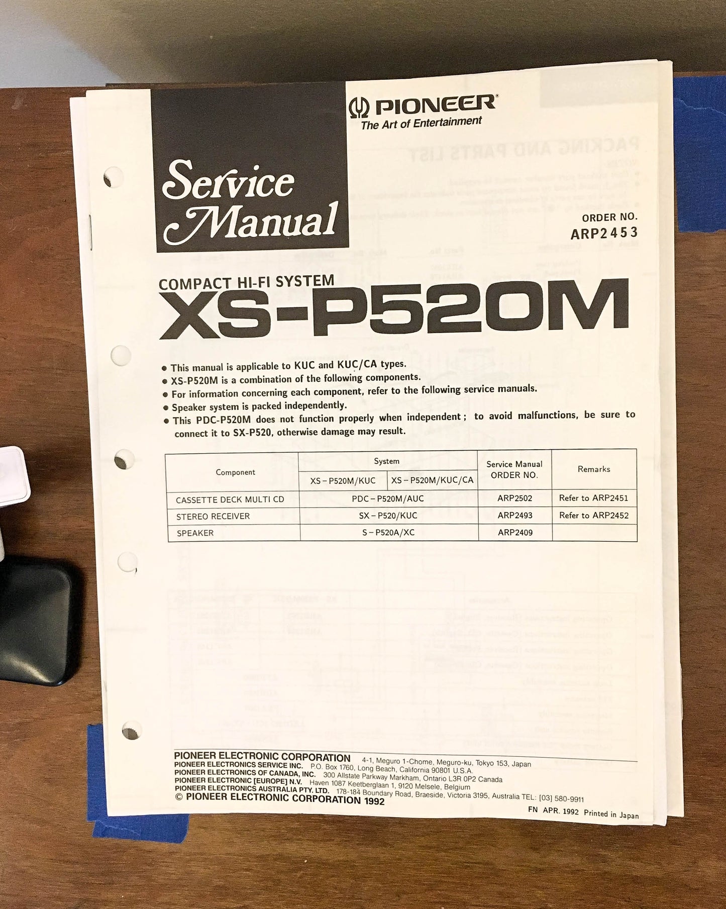 Pioneer XS-P520M Stereo System Service Manual *Original*