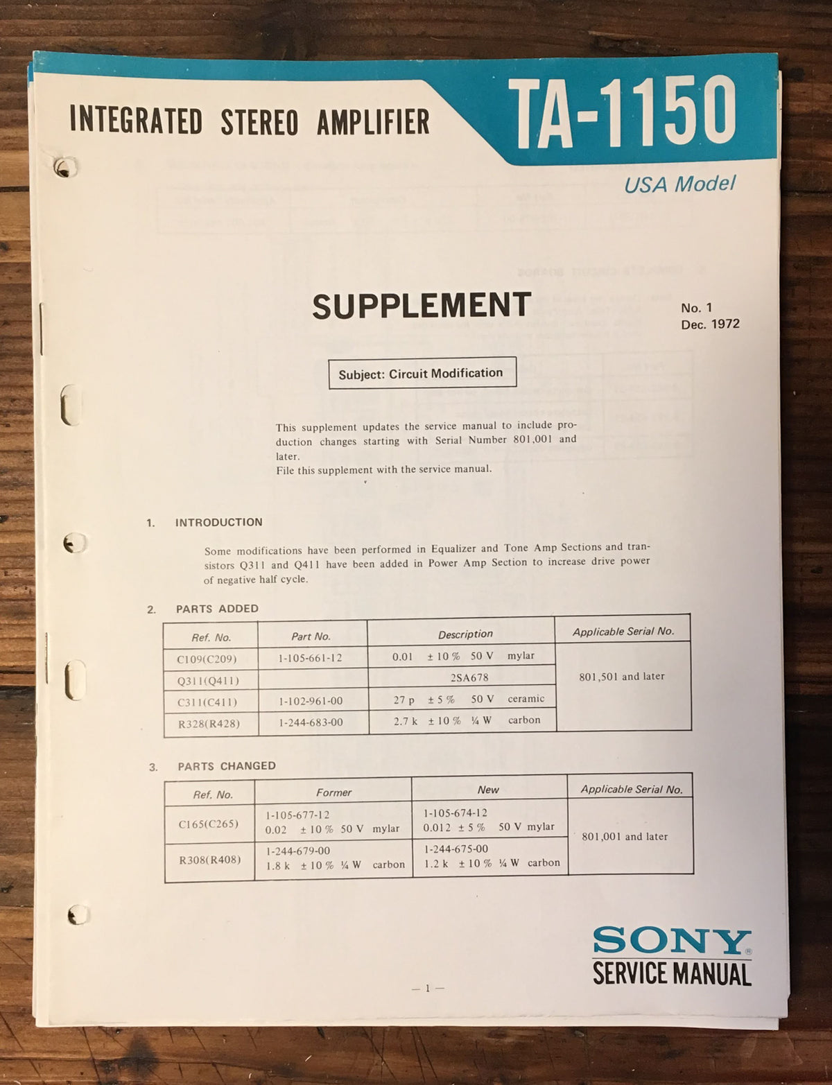 Sony TA-1150 Amplifier Service Manual Suppl. *Original*