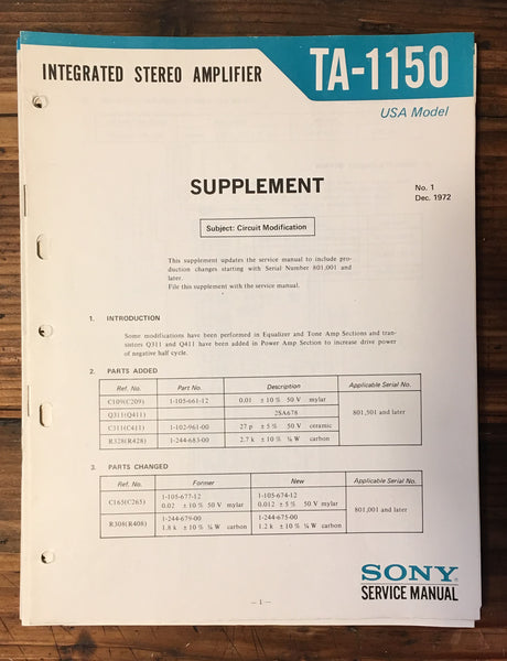 Sony TA-1150 Amplifier Service Manual Suppl. *Original*