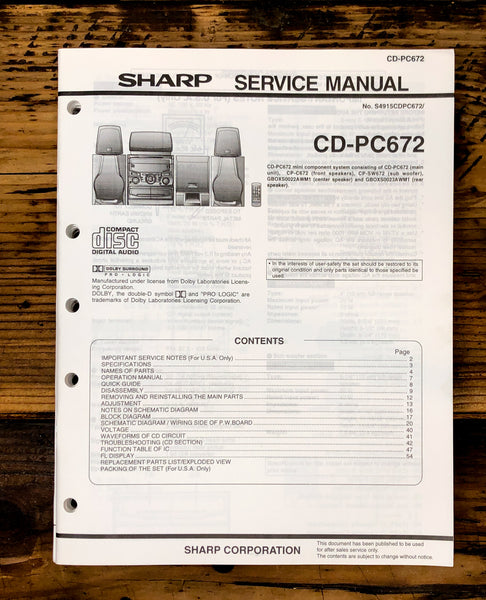 Sharp CD-PC672 Stereo Service Manual *Original*
