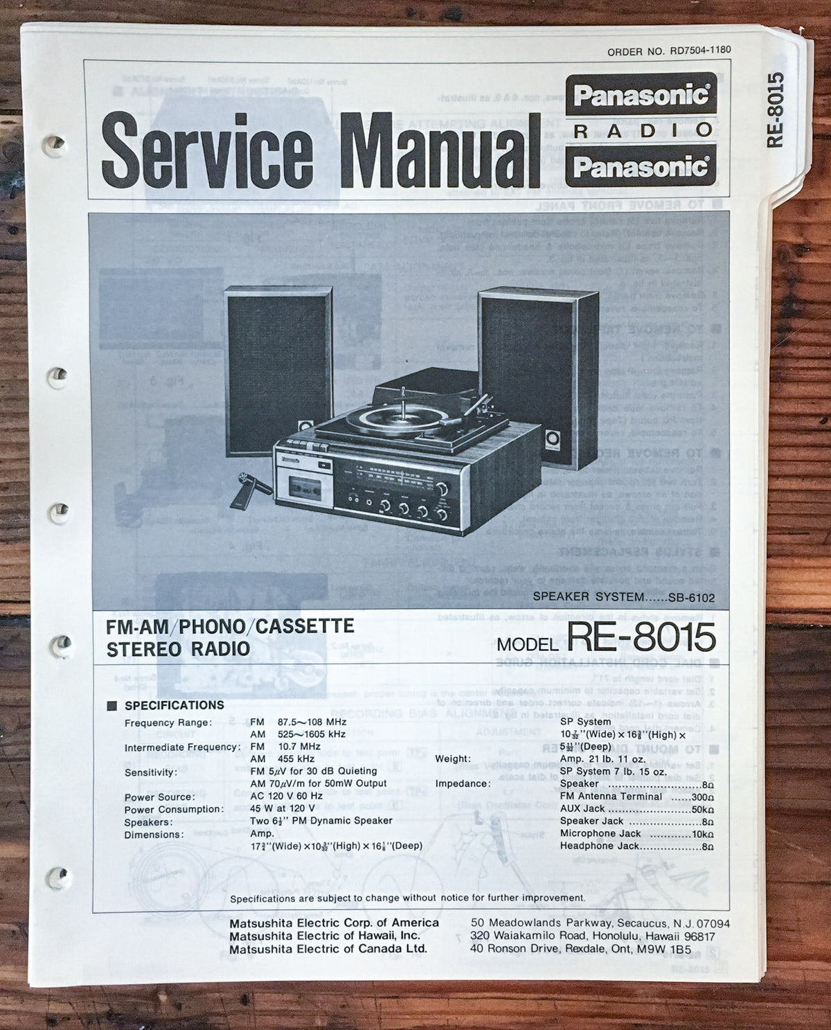 Panasonic RE-8015 Radio  Service Manual *Original*