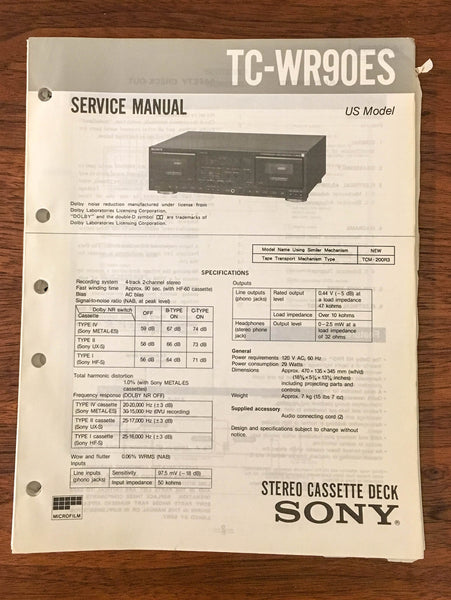 Sony TC-WR90ES Tape Cassette Service Manual *Original*