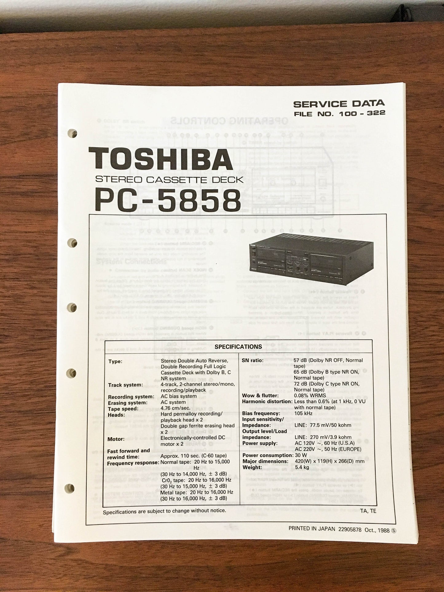 Toshiba PC-5858 Cassette Deck Service Manual *Original*