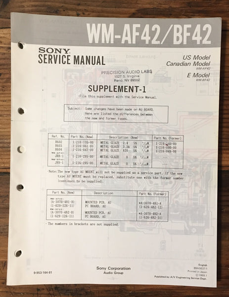 Sony WM-AF42 WM-BF42 Cassette Service Manual Supplement *Original*