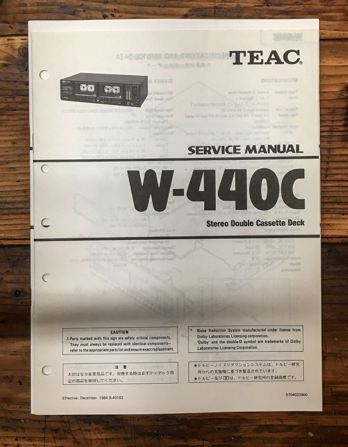 Teac W-440C Cassette Deck  Service Manual *Original*