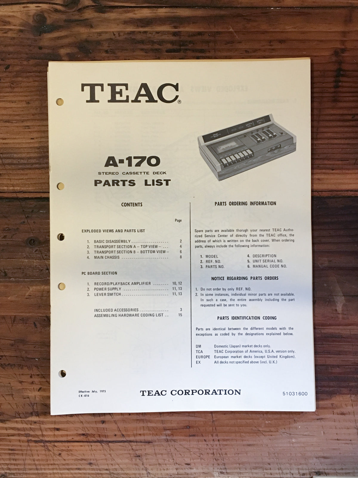 Teac A-170 Cassette Parts List Manual *Original*