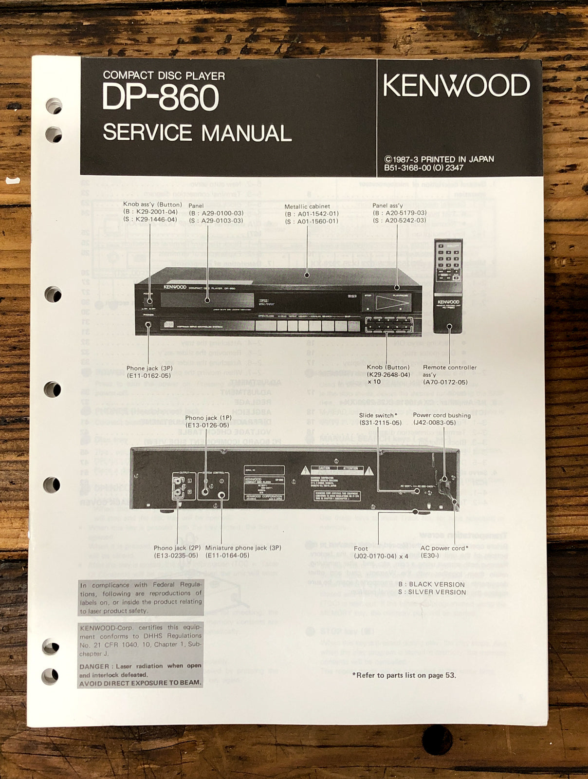Kenwood DP-860 CD Player  Service Manual *Original*
