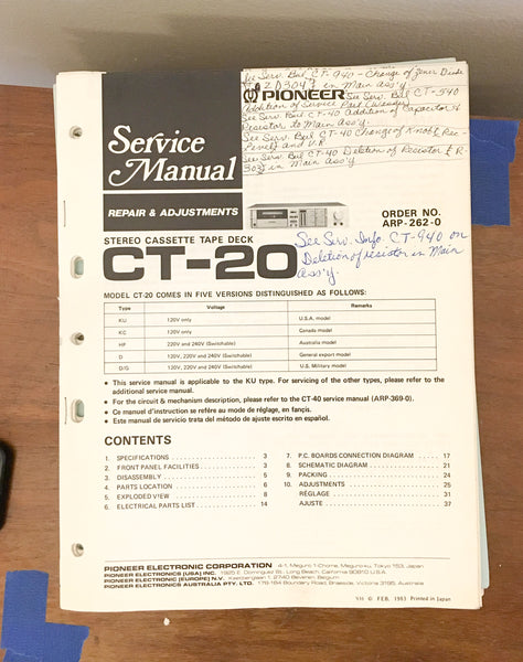 Pioneer CT-20 Cassette  Service Manual *Original*
