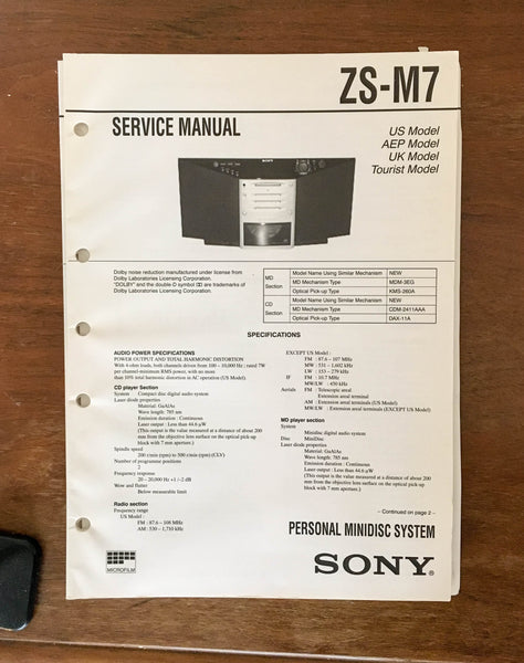 Sony ZS-M7 MiniDisc System  Service Manual *Original*