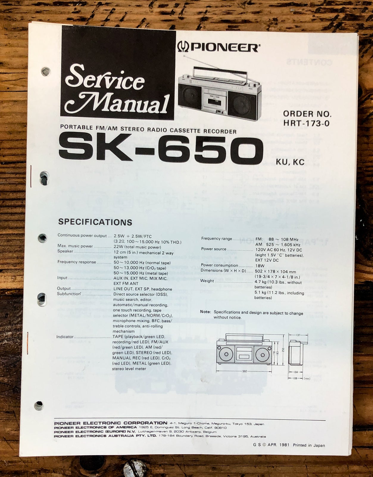 Pioneer SK-650 Radio  Service Manual *Original*