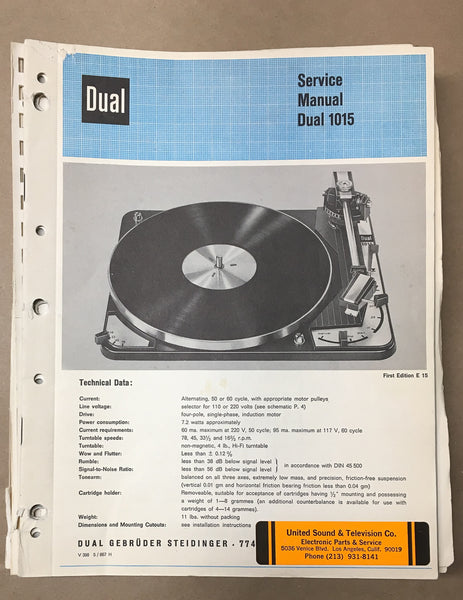 Dual Model 1015 Record Player / Turntable Service Manual *Original*