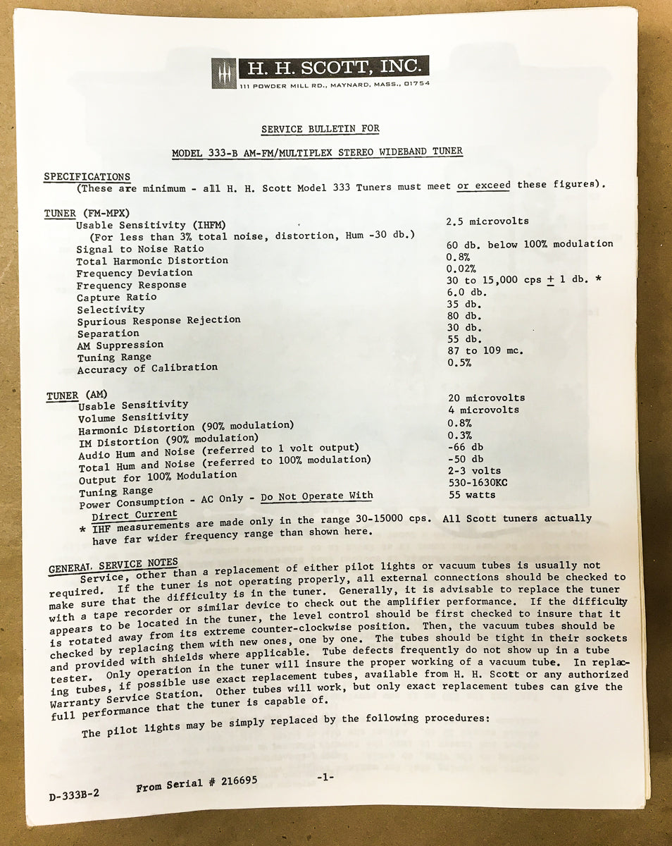 H.H. Scott Model 333-B / 333B Tuner Service Bulletin *Original ...