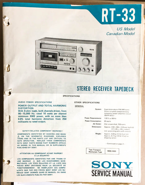Sony RT-33 Receiver Tape Deck  Service Manual *Original*