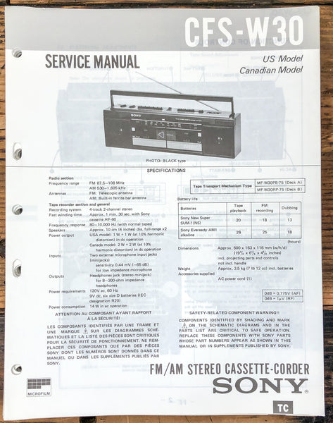 Sony CFS-W30 Radio / Boombox  Service Manual *Original*