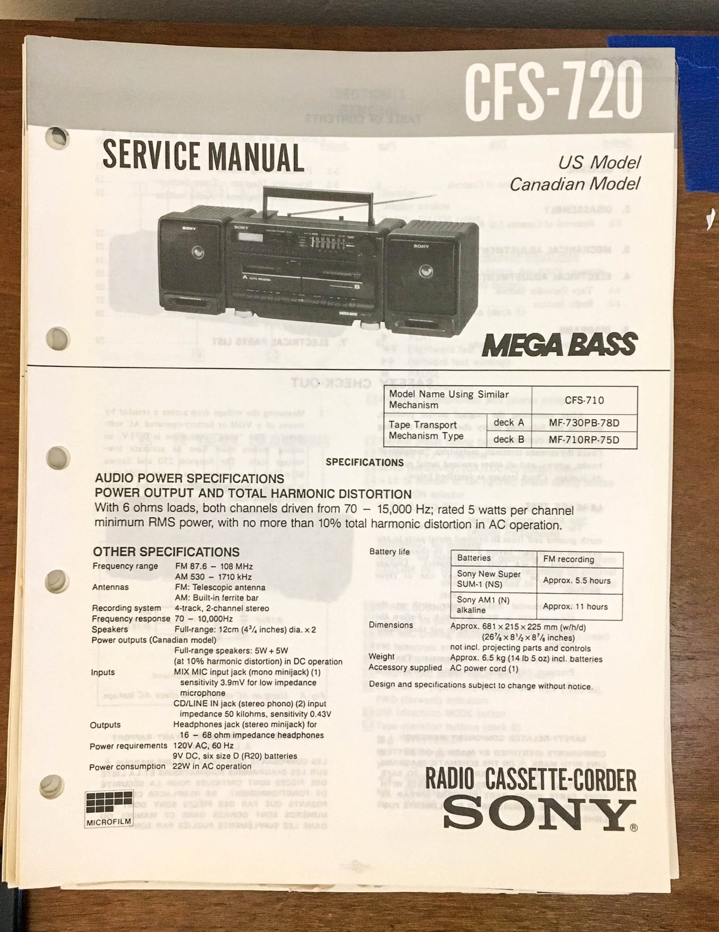 Sony CFS-30 Radio Cassette Recorder / Boombox Service Manual *Original*