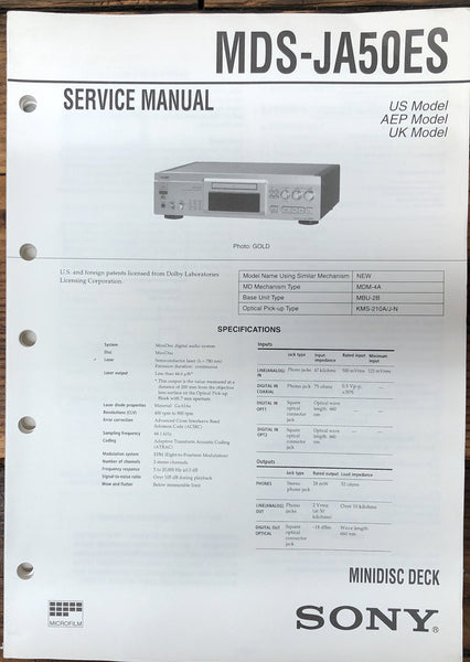 Sony MDS-JA50ES MD Minidisc Deck  Service Manual *Original*