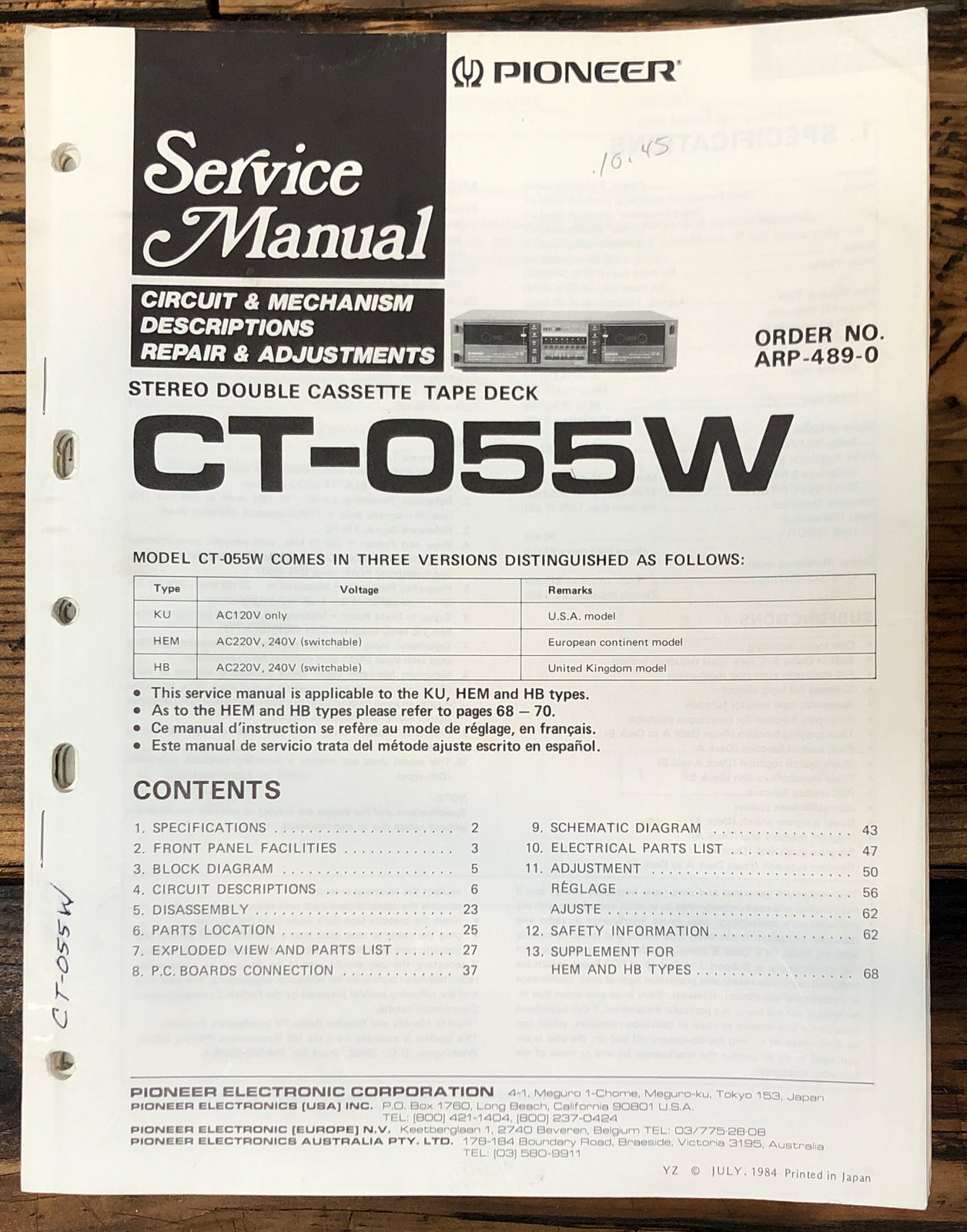 Pioneer CT-055W Cassette Service Manual *Original* #1