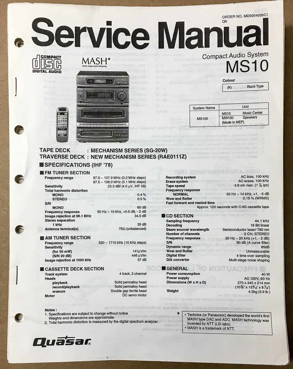 Quasar / Technics MS10 MS-10 Quasar / Technics Service Manual *Original*