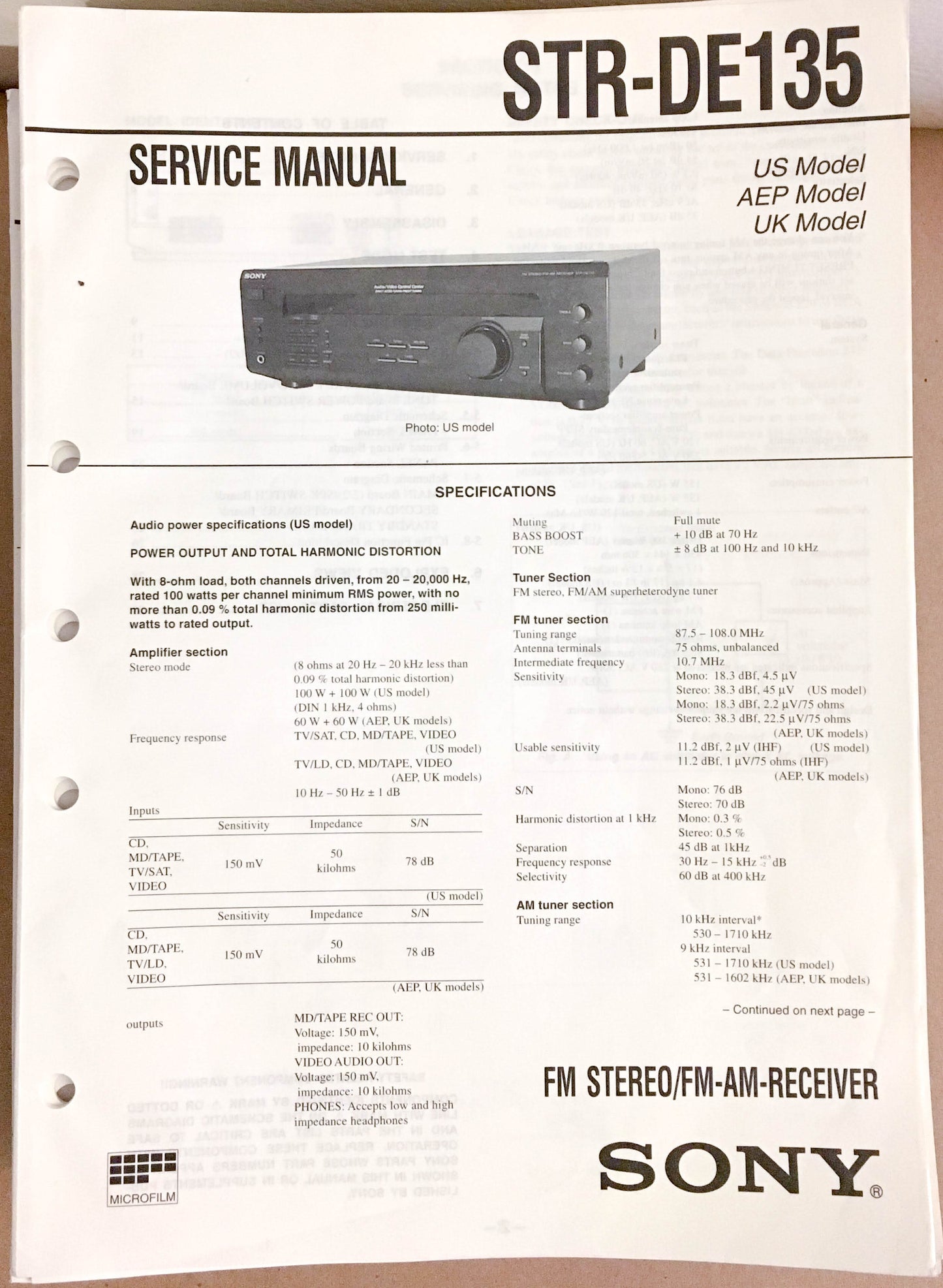 Sony STR-DE135 Receiver  Service Manual *Original*