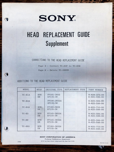 Sony Head Replacment Guide Cassette Supp. Service Manual *Original*