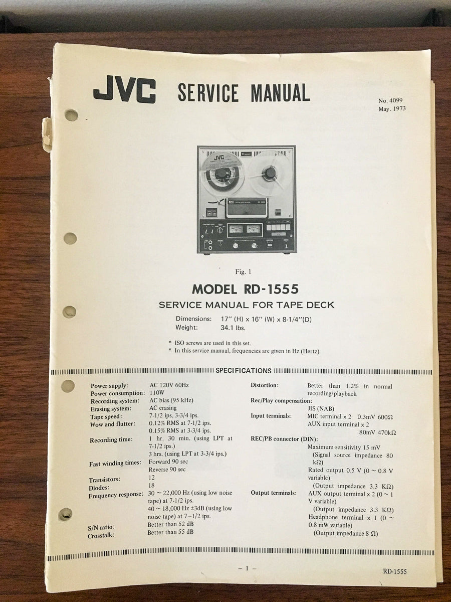 JVC RD-1555 Reel to Reel Tape Deck Service Manual *Original*