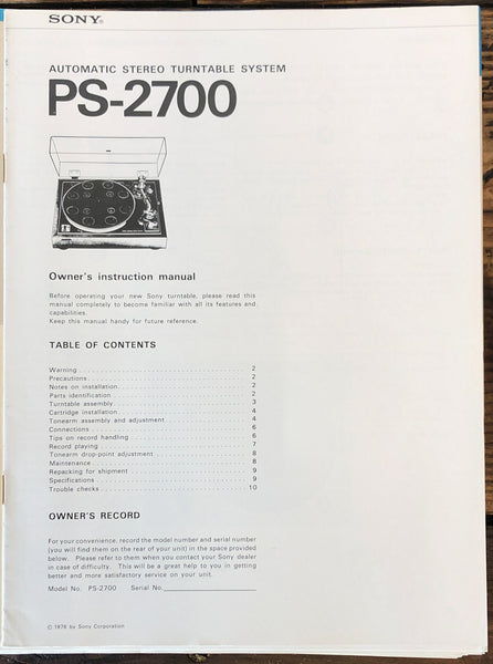 Sony PS-2700 Record Player / Turntable  Owner / User Manual *Original*
