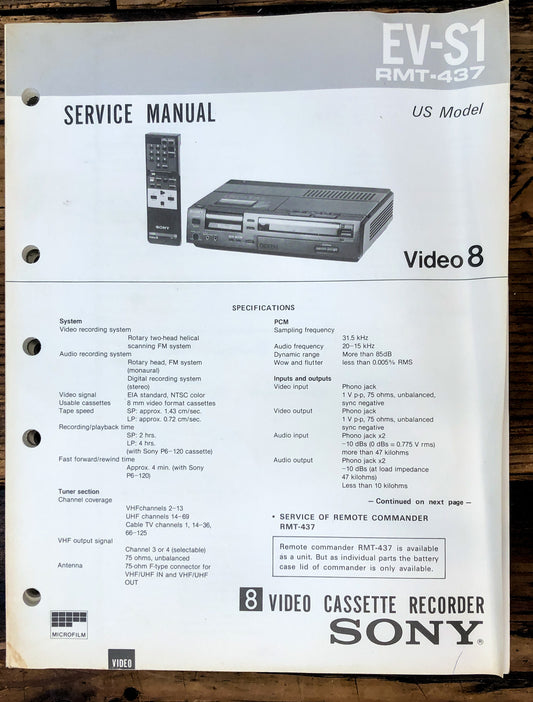 Sony EV-S1 Video 8 VCR  Service Manual *Original*