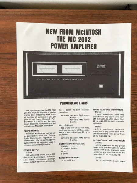 McIntosh MC 2002 Amplifier Dealer Spec Sheet *Original*