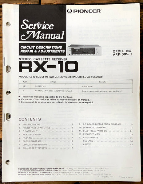 Pioneer RX-10 Cassette  Service Manual *Original*