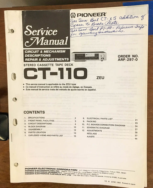 Pioneer CT-110 Cassette  Service Manual *Original*