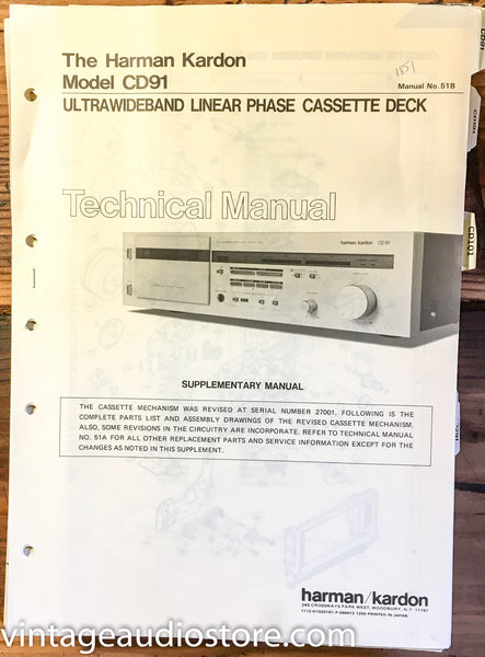 Harman Kardon CD91 CD 91 Cassette  Service Manual Supplement *Original*
