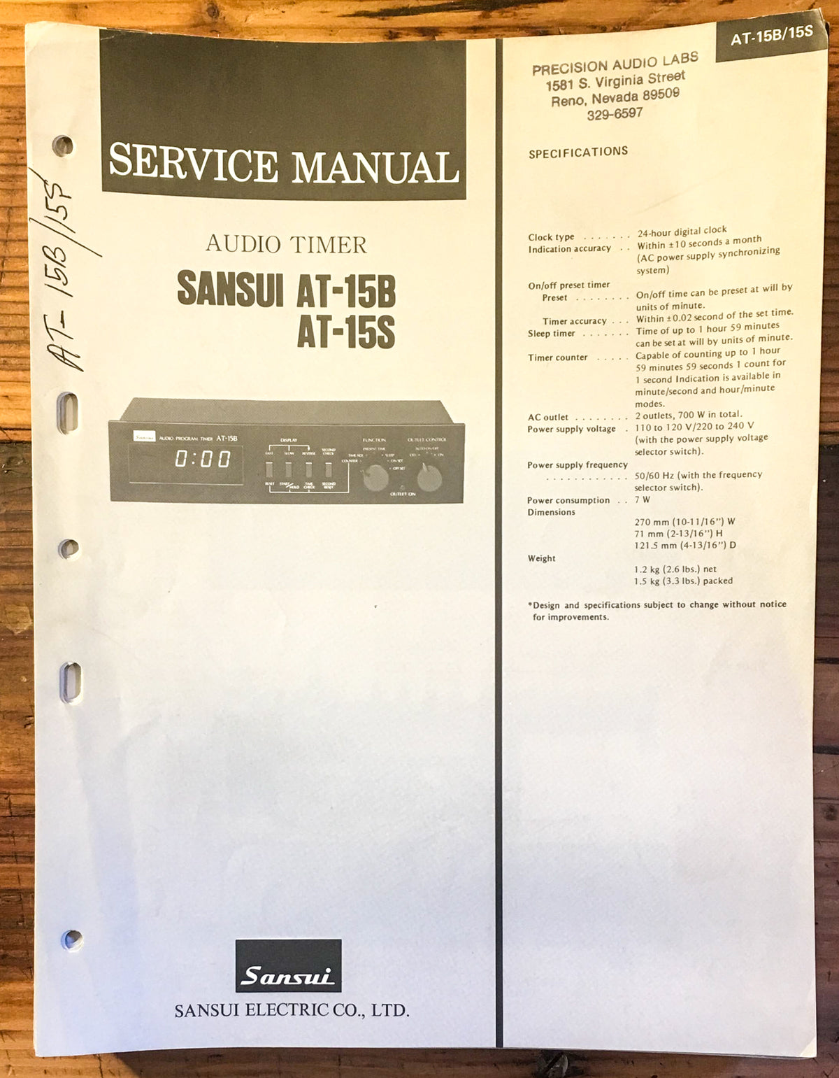 Sansui AT-15B AT-15S Timer Service Manual *Original*