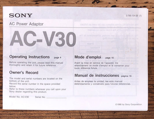 Sony AC-V30 AC Adapter  Owners / User Manual *Original*
